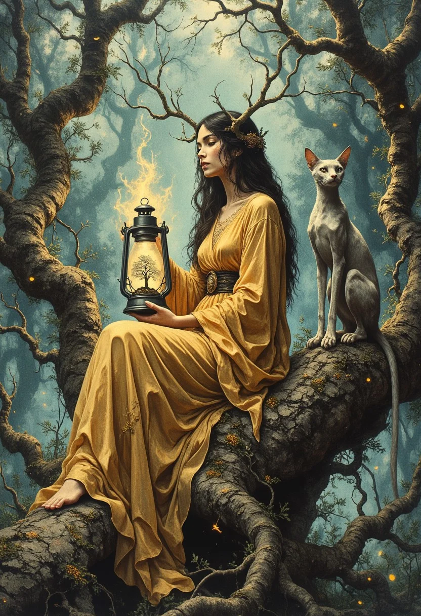 A mystical woman sits atop a massive, weathered tree stump in a dense, ancient forest. She wears a flowing golden gown that cascades around her, pooling over the gnarled wood. Her dark, waist-length hair is interwoven with antler-like branches that extend from her head, their twisted limbs adorned with small golden trinkets. Her face is pale with sharp, symmetrical features, and her eyes are framed by long, dark lashes.
She holds a glass lantern containing a small bonsai tree that emits a soft golden glow. Wisps of light rise from the lantern, drifting upward. Across from her, a feline-like creature with sinewy, nearly hairless skin perches on the stump, watching her intently. Its long limbs and sharp gaze add to its striking appearance.
The background consists of towering, ancient trees with gnarled roots and twisted branches. A dense blue-green mist swirls around the scene. Tiny golden fireflies hover in the air, casting soft points of light. Moss and small plants grow along the bark of the tree stump, adding texture to the surface.
Overhead, the tangled branches of the forest stretch toward the sky, partially obscuring the view above. The lighting is soft and diffused, with a cool-toned glow filtering through the mist. Her golden gown contrasts against the darker, muted tones of the environment.