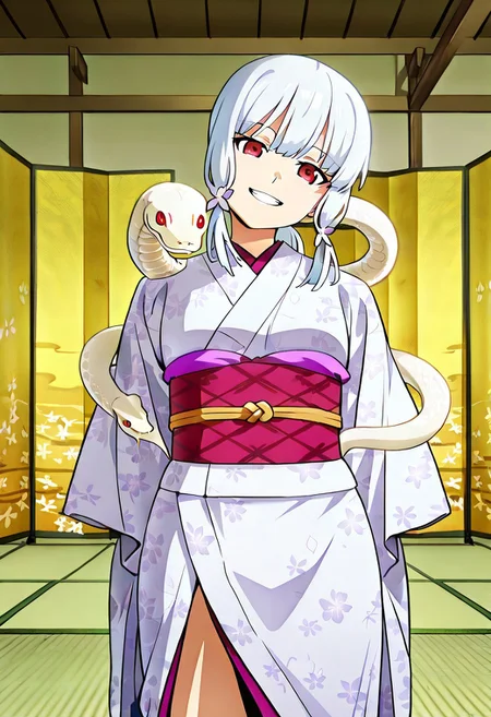 Smooth Quality - Illustrious, sfw,
anime, illustration, nadeko, red eyes,medium hair,white hair,snake hair,albino,
<lora:NSFWFilter_illusXL_Incrs_v1:-1>
<lora:Snake_on_Shoulders:0.8> sn4k3, snake on shoulders, large snake, white snake,
1girl, solo, standing, cowboy shot, alluring pose,
japanese clothes, white kimono, furisode, floral print,
looking at viewer, head tilt, beautiful smile, grin,
golden folding screen, zabuton, tatami,