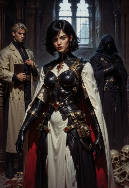 a highly detailed digital painting in a dark fantasy style. The central figure is a powerful female warrior with pale skin and jet-black hair styled in a bob with bangs. She has striking red eyes and wears a stern expression. Her attire is a mix of medieval and gothic styles, featuring a black and white dress with a high collar and intricate detailing. A prominent red cross emblem is sewn onto her chest, and she carries a large, ornate sword with a red gem embedded in the hilt. Her outfit is accessorized with a skull belt buckle and various pouches and straps.
In the background, two male characters are present. One, on the left, has short, tousled blond hair and is dressed in a light-colored robe, holding a book. The other, on the right, is partially obscured but appears to be a hooded figure in a dark cloak, adding to the mysterious atmosphere. The setting is a dimly lit, gothic cathedral with arched windows and ornate stone carvings. Skulls and bones are scattered on the ground, enhancing the eerie, macabre mood. The overall color palette is dark, dominated by shades of black, grey, and red, creating a somber, intense atmosphere.