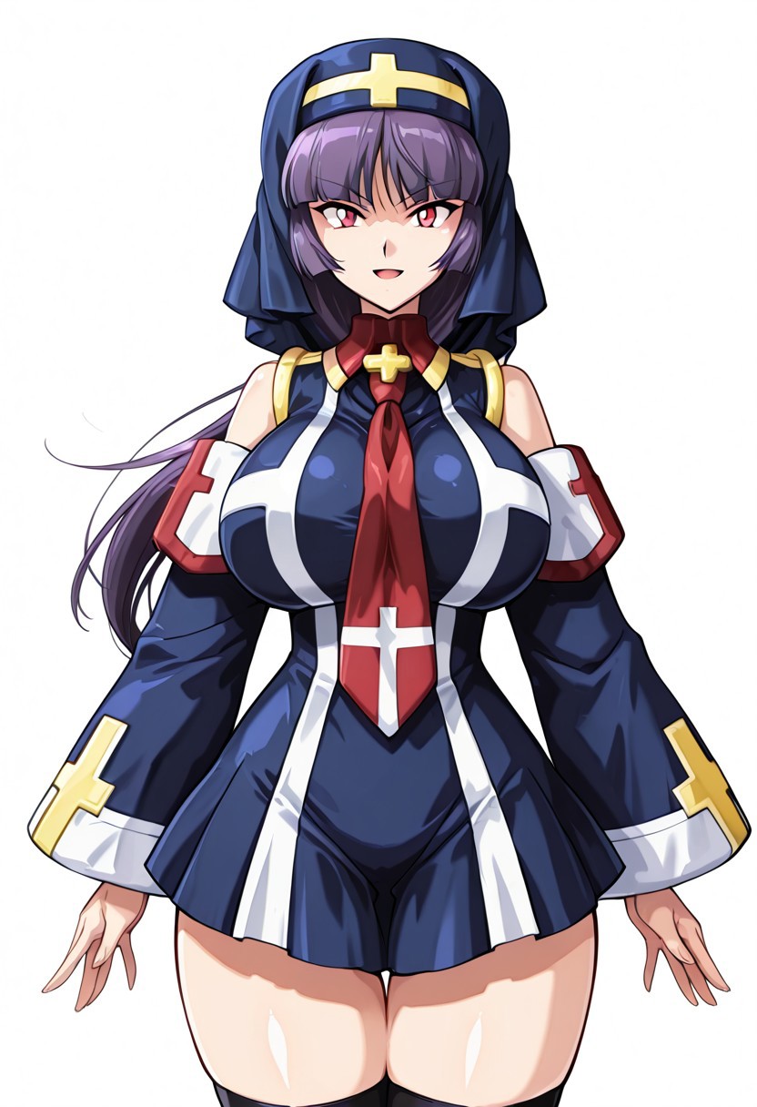 score_9,score_8_up,score_7_up,source_anime,5_figner,2d_animation,game cg,BREKE,1girl,solo,
zzSabrina, red eyes, long hair, blunt bangs, sabrina pokemon, purple hair, black hair, 
long sleeves,blue skirt,detached sleeves,cross,coat,red necktie,blue nun,pleated skirt,
serious,smile,openmouth,cowboyshot,standing,
huge breasts,thick hips,thick thighs,thick waist,disproportionate breasts,
curves,glamour,
looking at viewer,front view,
simple background,white background,
masterpiece,best qualit,ultra-detailed,illustration,an extremely delicate and beautiful,beautiful detailed eyes,unity 8k wallpaper,high resolution,anime CG,official_art,Erotic_style, uncensored, anime_coloring, anime_screencap,