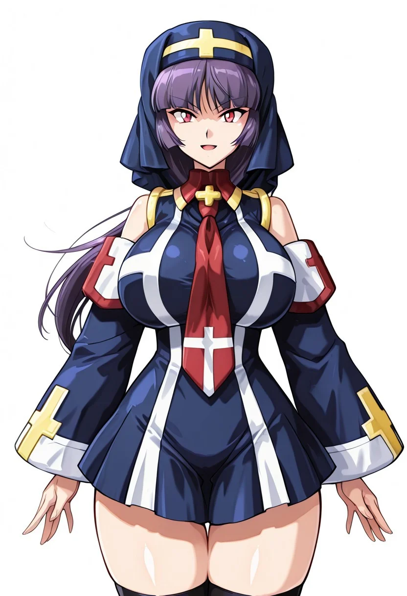 score_9,score_8_up,score_7_up,source_anime,5_figner,2d_animation,game cg,BREKE,1girl,solo,
zzSabrina, red eyes, long hair, blunt bangs, sabrina pokemon, purple hair, black hair,
long sleeves,blue skirt,detached sleeves,cross,coat,red necktie,blue nun,pleated skirt,
serious,smile,openmouth,cowboyshot,standing,
huge breasts,thick hips,thick thighs,thick waist,disproportionate breasts,
curves,glamour,
looking at viewer,front view,
simple background,white background,
masterpiece,best qualit,ultra-detailed,illustration,an extremely delicate and beautiful,beautiful detailed eyes,unity 8k wallpaper,high resolution,anime CG,official_art,Erotic_style, uncensored, anime_coloring, anime_screencap,