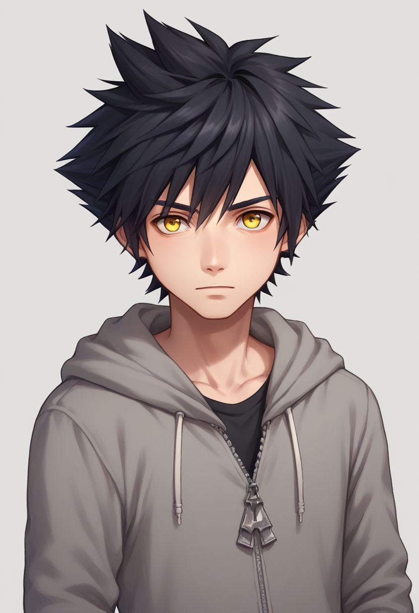 score_9, score_8_up, source_anime, highly detailed, 1boy, solo, male_focus,
vanitas, solo, 1boy, male focus, spiked hair, black hair, yellow eyes, hoodie, pants, shoes, upper body,