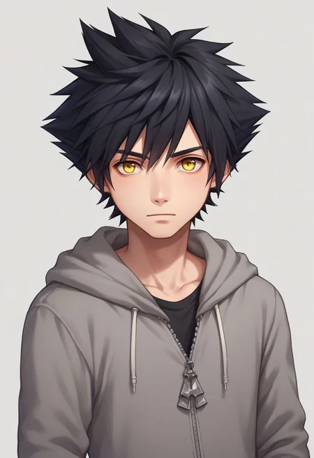 score_9, score_8_up, source_anime, highly detailed, 1boy, solo, male_focus,
vanitas, solo, 1boy, male focus, spiked hair, black hair, yellow eyes, hoodie, pants, shoes, upper body,