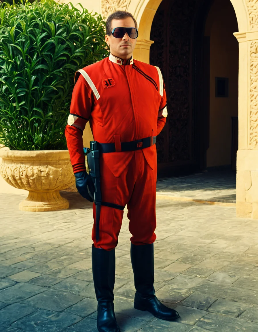 UHD, 8K, ultra detailed, highly realistic photo of UHD, 8K, ultra detailed, full body shot, highly realistic photo of man wearing sunglasses with red uniform ,OverallDetailXL <lora:VTVSeries_SDXL_v1:1>
