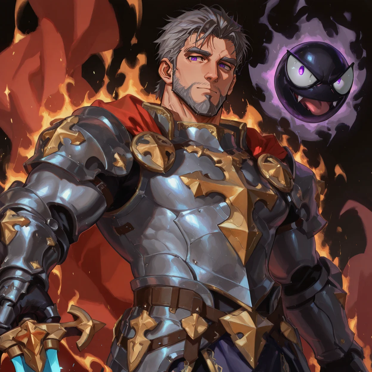 <lora:Gastly_2:1>, PKMN_Gastly, black eyes, 1other, man holding gastly,
<lora:face_Cadanova_Alchemist_Code_repair-000003:.8>, (tagatamecadanova, 1boy, short hair, grey hair, purple eyes, solo, male focus, mature male, muscle body, bara, armor, cape, greadsword, holding sword,)
(very short hair, beard, bara, mature, facial hair, stubble, beard, full beard, sideburn, beard, a lot of beard, ), facial hair,male focus, muscular male, muscular male, bara, mature, bara, mature, aixiwuganda_(20222192), very awa, masterpiece, best quality, absurdres, newest, perfect quality, detailed background, intricate details,
<lora:slider_Body Type_alpha1.0_rank4_noxattn_last:3><lora:Anime Summer Days 2 Style SDXL_LoRA_Pony Diffusion V6 XL:.6><lora:slider_cfg_scale_boost:.7><lora:Artist6p:.55>, Artist6p, Artist04p,<lora:slider_il_brightness_slider_d1:-1><lora:slider_il_contrast_slider_d1:-1><lora:slider_DarkSlider1.2_alpha1.0_rank16_full_300steps:-.6>