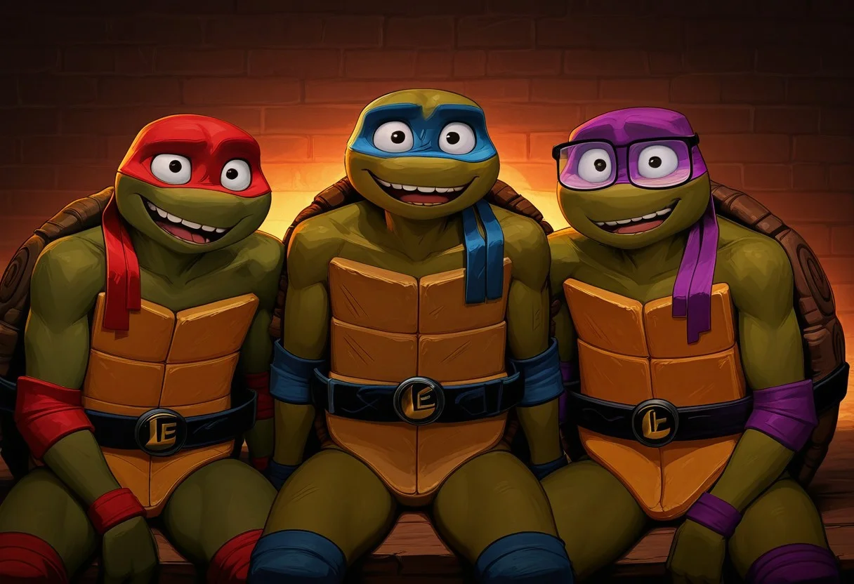 masterpiece, best quality, amazing quality,
(((Donnie, Raph, Leo, Mikey Tmnt, MutantMayhem))), smiling, grin, sexy face, bust shot, Raph,Tmnt, MutantMayhem, Green skin, turtle, Male, Male only, broad shoulders, (((3 boys))), trio, looking at viewer, detailed teeth, sitting
BREAK
(((Leo, blue mask)))
BREAK
(((Raph, Red mask, missing tooth, bandana mask)))
BREAK
(((Donnie, Purple mask,))) Glasses