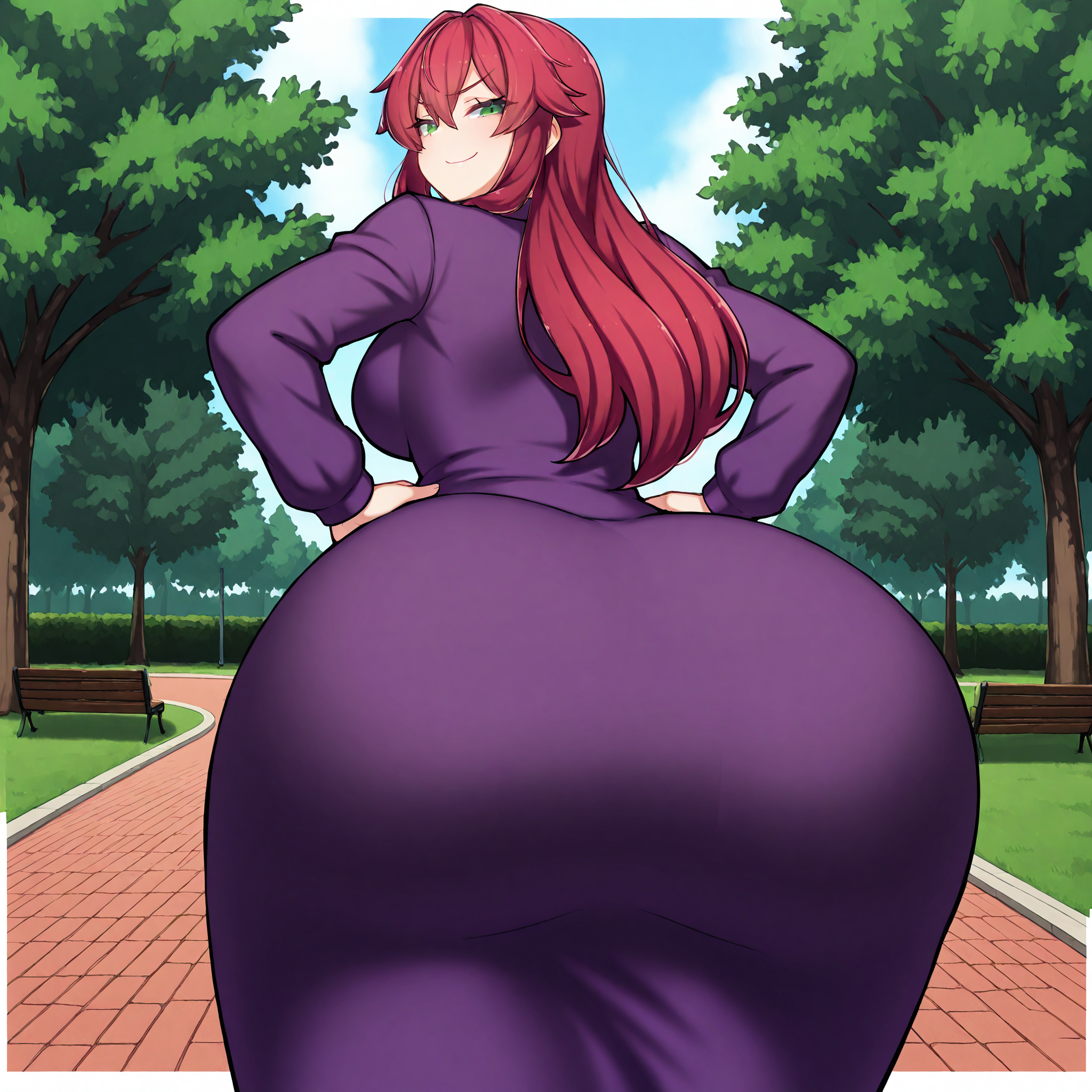(masterpiece), best quality, (highly detailed), 1female, solo, <lora:Cheap_MelonSoda_style_Illustrious:0.8>, park, purple dress, from behind, huge ass, hands on hips, red hair, long hair, green eyes, smug, looking back,