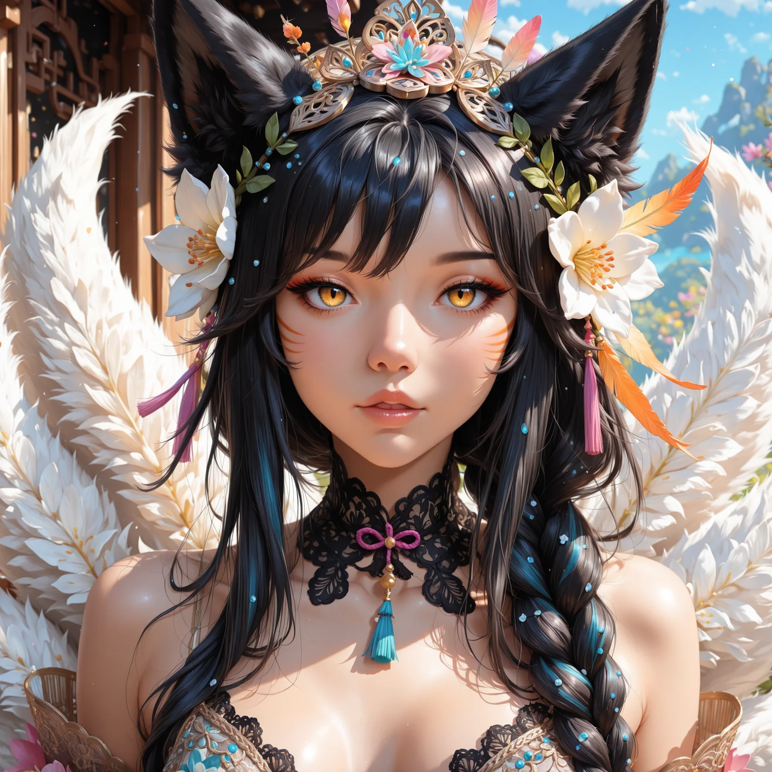 Semi real, ahri, foxgirl,fox ears,9tails,8k,beautiful face,close up, perfect hands,cute, black hair,black foxears,single braid, yellow eyes,slit eyes, facial markings,c-cup,medium perky breasts,((A stunning foxgirl with silky skin and glowing feather-flower hair, dressed in an avant-garde lace and silk gown with a unique headdress. Rendered in an eerie, otherworldly style with vibrant colors, feathers, and a mesmerizing, beautiful background and a masterpiece of fantasy art:1.3)),close up,embedding:Smooth Quality