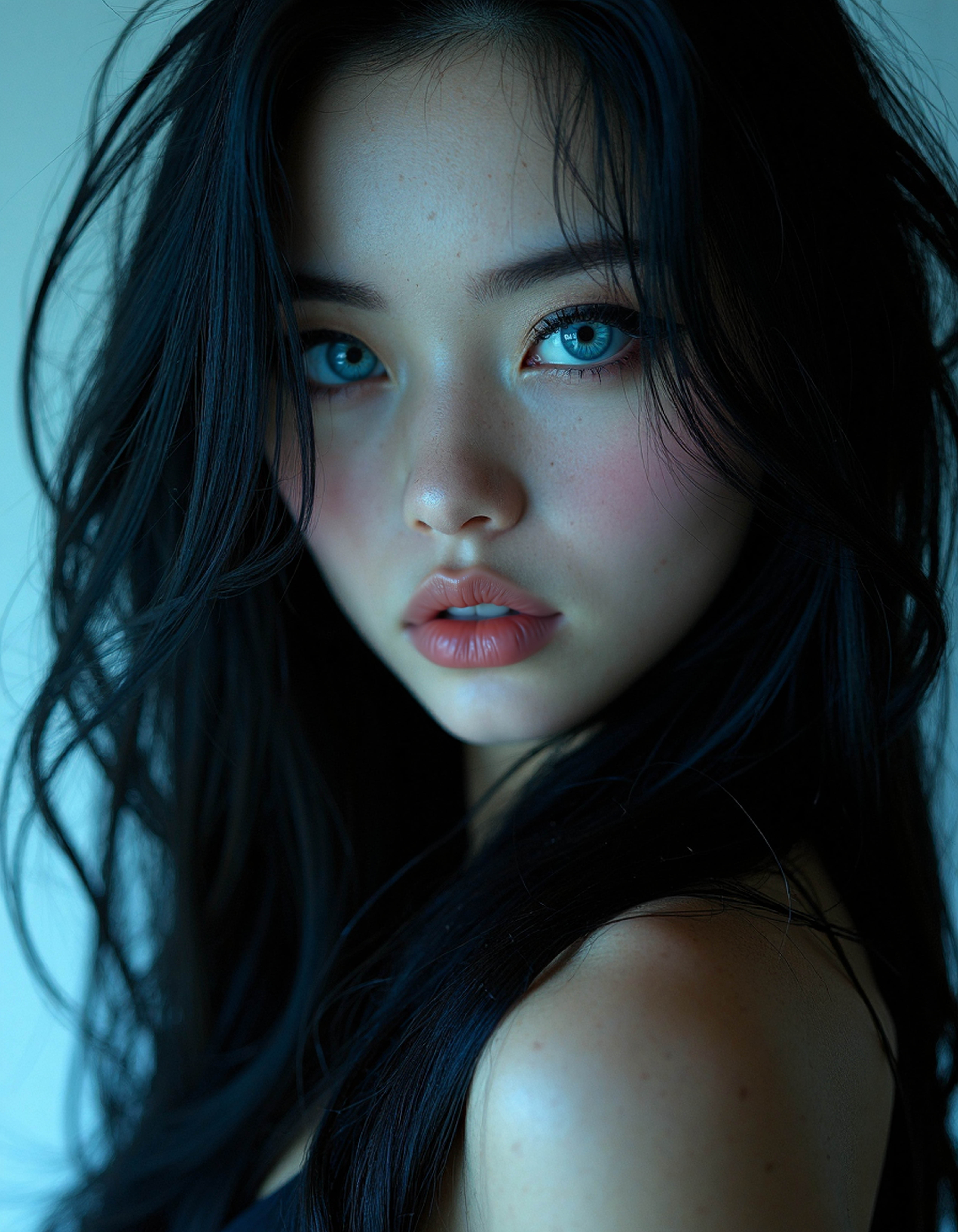 biomechanical cyberpunk (dark mood masterpiece Photography:1.2), portrait of a mysterious woman with blue eyes and bold eyeliner looking seductively, smirking, naughty expression, long wavy black hair. The extreme realism focuses on her detailed skin, showing fine textures and natural highlights. photography masterpiece, modern, irresistible beauty, fuzzy lighting, dark mood, unusual composition, use of negative space, (rule of thirds composition), simmetry , mysteriouse, emotional, flirting, (fine erotic content:0.65), groundbreaking unrivaled opus with unrivaled details, (Vermillion color scheme), highly detailed, melancholic, low-light hyper detailed photography, catchlights, from below, selfie,medium full shot,style by luis royo,canon 5d mark 4,Pinhole Photography,modern led strips lighting . cybernetics, human-machine fusion, dystopian, organic meets artificial, dark, intricate, highly detailed