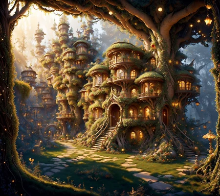 RAW photo, (masterpiece:1.3), subsurface scattering, heavy shadow, (high quality:1.4), (intricate, high detail:1.2), professional photography, HDR, High Dynamic Range, realistic, ultra realistic, photorealistic, high resolution, film photography, ambient lighting, atmospheric effects, <lora:detail_slider_v4:2>, OverallDetail, a highly detailed WoodElf fantasy settlement, bridges, forest, treehouses, <lora:WoodElf-10:1>, style-sylvamagic, epiCPhoto