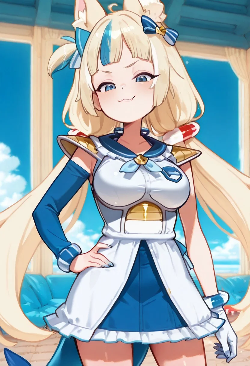 masterpiece, best quality, sameko saba, low twintails, animal ears, blue eyes, blonde hair, blue streaked hair, ribbon, blue hair bow, two-tone hair, lifebuoy hair ornament, fish tail, blue nails,
white saiyan armor, shoulder pads, blue skirt, long sleeves, blue sleeves, white gloves,
long hair, ribbon, smile, single wrist scrunchie, blue sky, brooch, large breasts ,,
skin fang, looking at viewer,
hand on hip, hip to the side, smug,