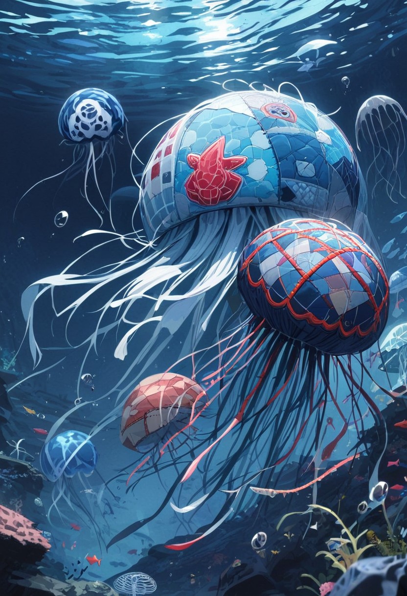 masterpiece, very aesthetic, absurdres, newest, ptchkrawk, jellyfish made of patchwork, underwater