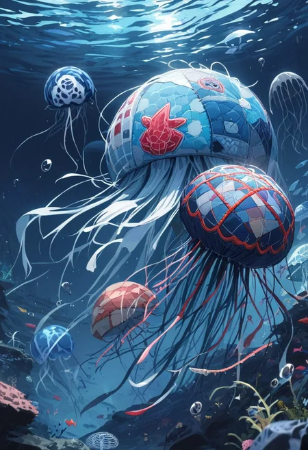 masterpiece, very aesthetic, absurdres, newest, ptchkrawk, jellyfish made of patchwork, underwater