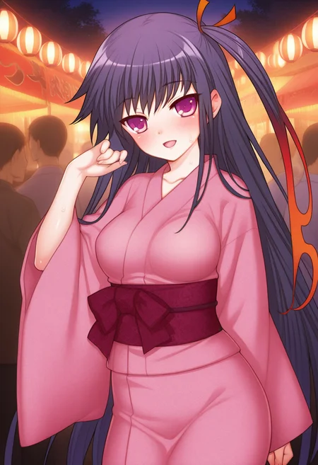 ((safe)), 1girl,  (yukimasa_muramasa, yukata, medium breasts), blush, smile, open mouth, sweat, festival, shiny skin, best quality, amazing quality, very aesthetic, absurdres,   <lora:yukimasa_muramasa_ill:1>
