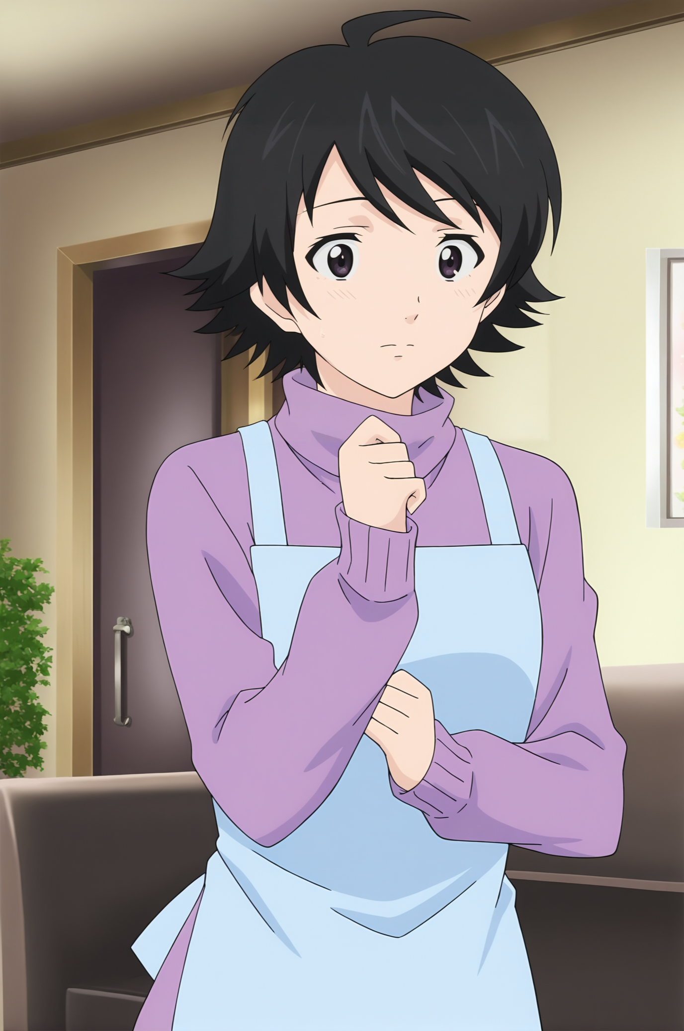 anime screencap,anime coloring,detailed face,masterpiece,best quality,very aesthetic,absurdres,volumetric lighting,official style,amazing quality,ultra detailed,highres,amazing quality,scenery,beautiful detailed hair,beautiful detailed eyes,official anime artwork,
Saiki Kurumi,black hair,1girl,short hair,<lora: Saiki Kurumi-IL V1>,ahoge,solo,solo focus,
indoors,living room,sweater,long sleeves,blue  apron,