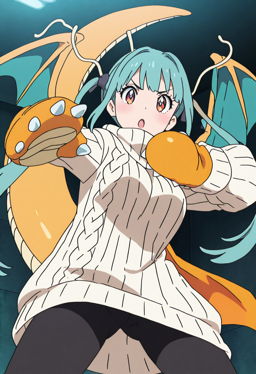 masterpiece, best quality, 1girl, solo, eyelashes, (beautiful eyes), dynamic pose, anime screencap,  zzDragonite, 1girl, solo, aqua hair, twintails, dragon girl, orange scales, dragon wings, dragon tail, orange gauntlets, white sweater, ribbed sweater, oversized sweater,  ,<lora:DragonitePokedex_IXL_v1:1.0>,