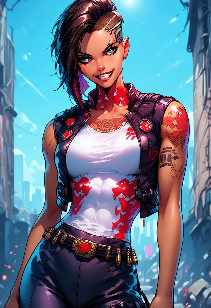 score_9, score_8_up, score_7_up, score_6_up, score_5_up, masterpiece, perfect face, perfect hands,perfect eyes, high quality,
side stance dynamic pose, (1Big scar over one eye and eyebrow down to cheek:2,0), evil look in the eyes,standing, looking at viever,
athletic build, 1dark elf girl, black brown skin color, long side cut,(long elf ears:3,0), short spiky hair, hair color mix white and copper red, breasts, (1sleeve Tattoo: 1,0) blue eyes,
cargo pants, white V cut t-shirt, (( bullet proof vest)), sneakers,
knee pads, tactical glowes, utility belt, bandolier, on neck small barcode tatto, (huge bulky cybernetics on head:3,0), steel plate on head,
smirk, cheerful, 1 silver tooth,
cybernetics only on head,
cyberpunk,
BREAK
urban sci-fi, light rays, windows, city ruins, city ruins, warzone, street, , (burning building:2,0),
ais-rmr,easynegative,