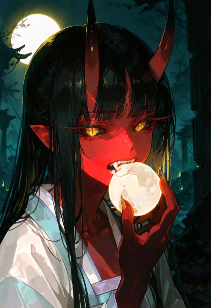 masterpiece, best quality, good quality, newest, highres, absurdres, volumetric lighting,gradient color,
BREAK 
raytracing, volumetric lighting, ambient occlusion, Background, girl, 
BREAK
Aka-Oni, oni, colored skin, (red skin:1.3), straight horns, solo, long hair, hanfu, elegant hanfu, 
 evil eyes, evil, bullying, sinister, (long eyelashes:1.2), colored eyelashes, glowing yellow eyes, (slit pupils:1.2), black sclera,  fangs,
close up, face focus, ruined cities, ruins, high contrast, drastic lighting, minimalism, holding moon with teeth, moon in mouth, eating moon, glowing moon, looking at viewer,