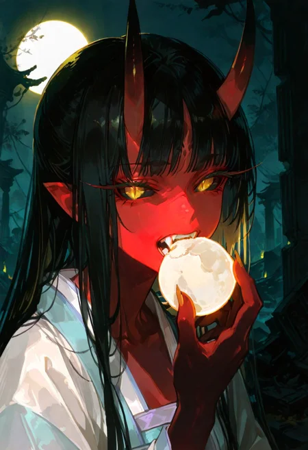 masterpiece, best quality, good quality, newest, highres, absurdres, volumetric lighting,gradient color,
BREAK
raytracing, volumetric lighting, ambient occlusion, Background, girl,
BREAK
Aka-Oni, oni, colored skin, (red skin:1.3), straight horns, solo, long hair, hanfu, elegant hanfu,
evil eyes, evil, bullying, sinister, (long eyelashes:1.2), colored eyelashes, glowing yellow eyes, (slit pupils:1.2), black sclera, fangs,
close up, face focus, ruined cities, ruins, high contrast, drastic lighting, minimalism, holding moon with teeth, moon in mouth, eating moon, glowing moon, looking at viewer,