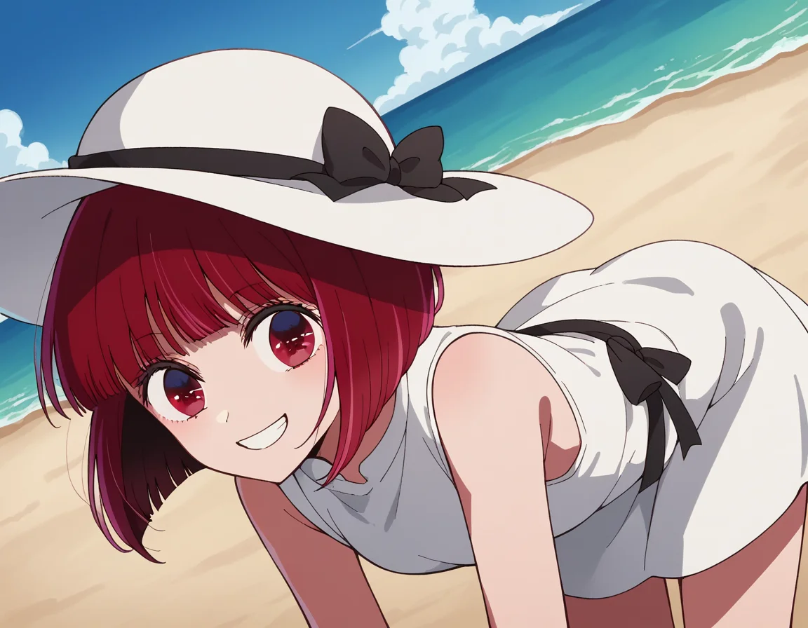 score_9, score_8_up, score_7_up, source_anime,
kanaarima, <lora:kana-arima-s1-ponyxl-lora-nochekaiser:1>,
kana arima, short hair, bangs, red eyes, red hair, bob cut, smile,
hat, dress, ribbon, sleeveless, white dress, sleeveless dress, white headwear, sun hat, sundress,
beach, bent over, smile,
looking at viewer, cowboy shot, dutch angle, solo,