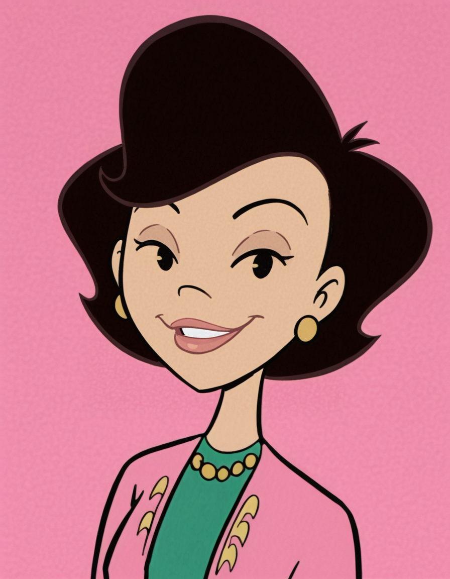 <lora:SusanLongIllustrious1.0JLFO:1> susanlong, 1girl, black hair,pink shirt, solo, short hair, jewelry, earrings, blue pants, pearl necklace, looking at viewer, simple background, upper body, portrait, smile,