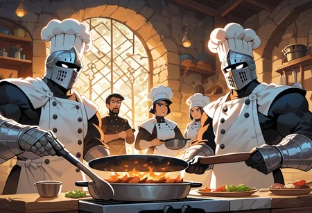 knight, big eyes, helmet, cape, big helmet, castle, stone wall, backlit, edgelit, huge gauntlets, cooking, holding a frying pan, fraying pan, pots, beard, chef hat on helmet, helmet, chef hat, lanterns, character focus, furious, angry, fuming, closeup, extreme closeup, very detailed helmet, group photo,