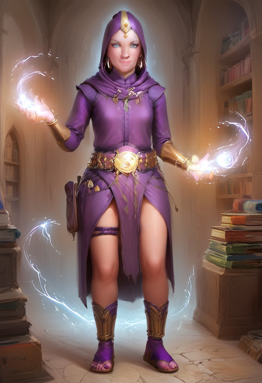 score_9, score_8_up, score_7_up, score_6_up, score_5_up, score_4_up, rating_explicit, pathfinder portrait, single character, solo, 1girl, blonde hair, blue eyes, perfecteyes, InoBoruto, src, tiara, hoop earrings, cloak, purple hood, purple hood up, hood over head, hood covering hair, robe, purple shirt, bracer, belt, purple skirt, thigh strap, sandals, small breasts, small hips, magic, magic, particles, light, flame, <lora:detailed_hands:1.3>, hand. better hands, detailed hands, smiling, cute smile, poser_char_sheet, full body, show entire body, detailed background, inside, castle, grey stone walls, grey stone floor, library, candles, looking at viewer, concept art, oil painting, digital art, realistic