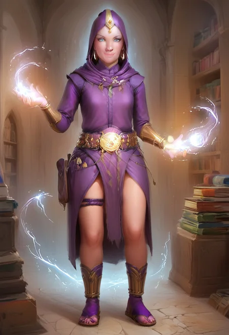 score_9, score_8_up, score_7_up, score_6_up, score_5_up, score_4_up, rating_explicit, pathfinder portrait, single character, solo, 1girl, blonde hair, blue eyes, perfecteyes, InoBoruto, src, tiara, hoop earrings, cloak, purple hood, purple hood up, hood over head, hood covering hair, robe, purple shirt, bracer, belt, purple skirt, thigh strap, sandals, small breasts, small hips, magic, magic, particles, light, flame, <lora:detailed_hands:1.3>, hand. better hands, detailed hands, smiling, cute smile, poser_char_sheet, full body, show entire body, detailed background, inside, castle, grey stone walls, grey stone floor, library, candles, looking at viewer, concept art, oil painting, digital art, realistic