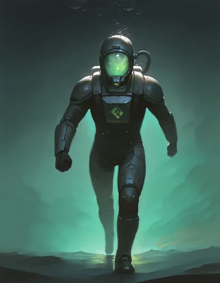 faux traditional media, watercolor \(medium\), painterly, atmospheric perspective, 1boy, diving suit, diving helmet, oxygen tank, power armor, underwater, darkness, horror \(theme\), glowing, walking, air bubble, green theme, black theme, masterpiece, best quality, very aesthetic, absurdres