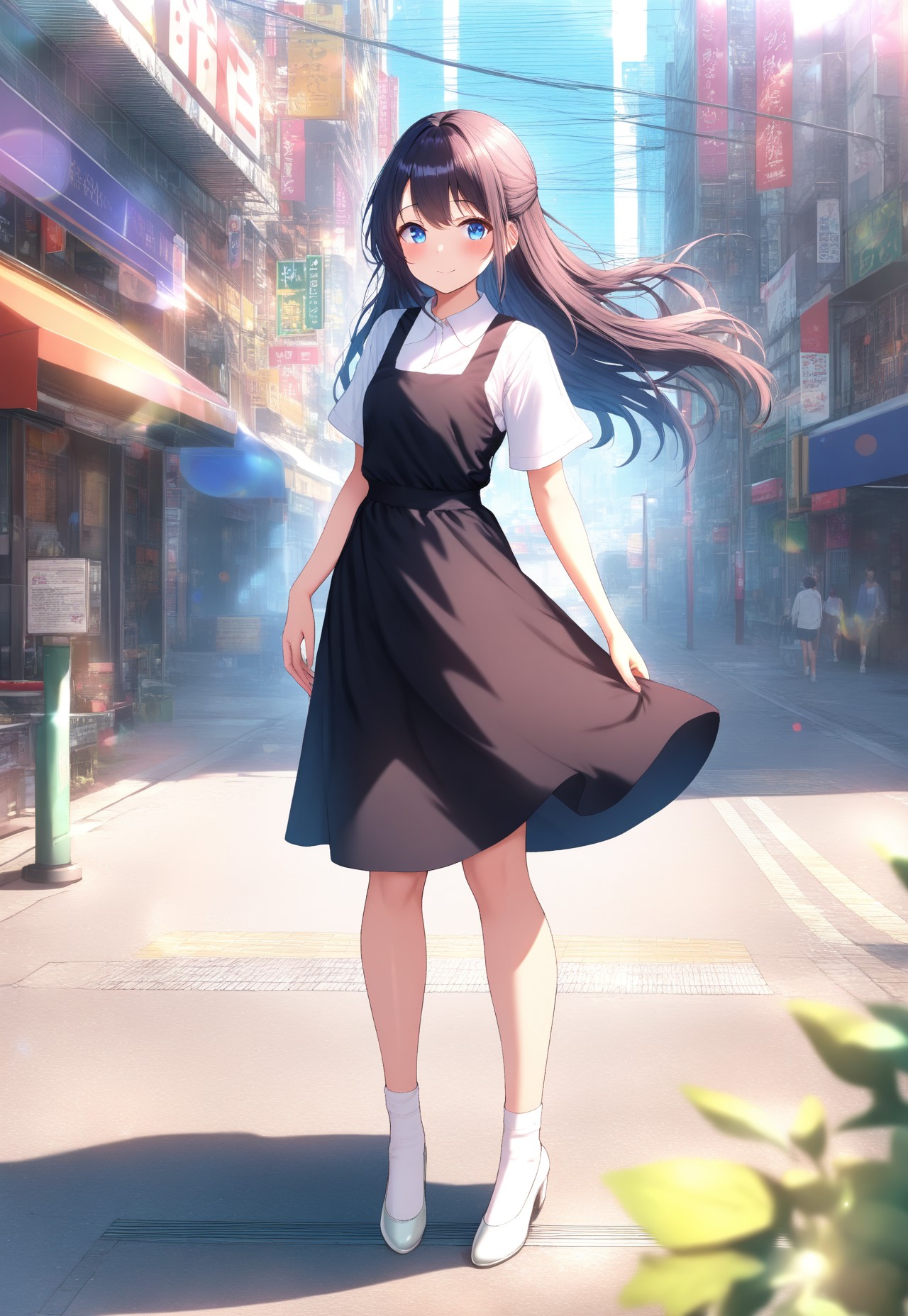 masterpiece, best quality,amazing quality,(1girl), solo,(depth of field),(solo focus),8K,HDR,(ultra high res),(highres),(full body),(lens flare),smile,blush,(black hair),(long hair),(blue eyes),(floating hair), sidelocks,(malaysian secondary school uniform),(pinafore dress),(black skirt),(black pinafore),(collared shirt),(white shirt),(short sleeves),(white socks),(short socks),(white footwear),(ballet flat),(outdoor),(cityspace),(city),(street),(lampost),(standing),(looking at viewer)