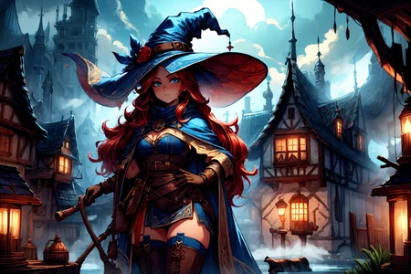 <lora:FantasySettlement:1> fanse, fantasy medieval village, town square, daylight, fog, <lora:Fantasy_Classes_SD:1> fantasy class, witch, witch hat, cape, gloves, tunic, thighhigh boots, looking at viewer, seductive, best quality, masterpiece, <lora:more_details:0.7>, 1girl, solo, bright red hair, absurdly long hair, blue eyes