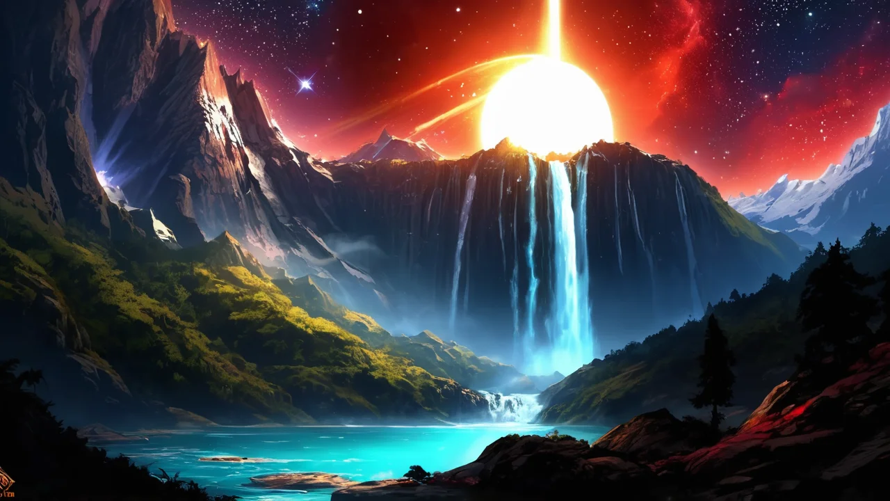a hughe water fall surrounded by mountains , , rustical campsite , sparkling campfire, , lighting strikes, , red dwarf, big gas giant, galaxies , ,
anime, CG,