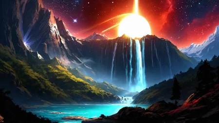 a hughe water fall surrounded by mountains , , rustical campsite , sparkling campfire, , lighting strikes, , red dwarf, big gas giant, galaxies , ,
anime, CG,