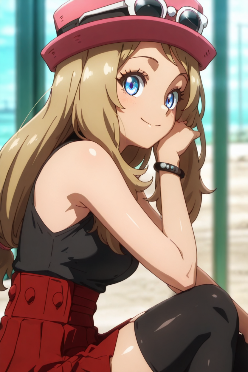 masterpiece, best quality, 1girl, solo, beautiful eyes, zzSerena, solo, long hair, blue eyes, eyewear on headwear, pink headwear, eyelashes, sleeveless shirt, black shirt, bracelet, high-waist skirt, red skirt, black thighhighs,  <lora:SerenaPokemonIXL_v2:1.0>,    <lora:OkitsuraStyleIXL:1.0>, upper body, side view, smile, looking at viewer, shiny skin,
