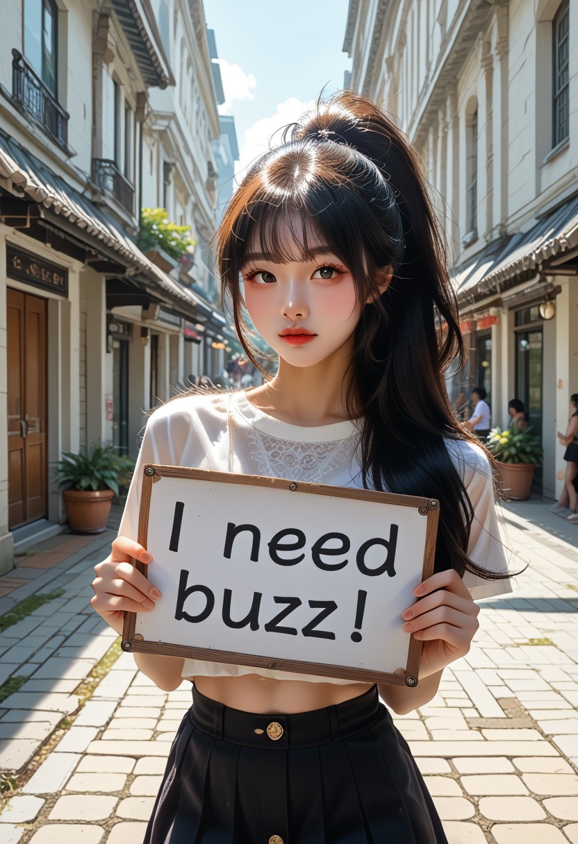 (need_buzz, holding sign), score_9, score_8_up, score_7_up, score_6_up, BREAK 20 years old, ulzzang, masterpiece, masterpiece, ultra-HD, (close up girl), high detail, masterpiece, best quality, usnr,very aesthetic,8k,  sexy pose, long black hair, ponytail, asian girl, pretty girl, korean girl, ((slim body)), cute skirt, cute shirt