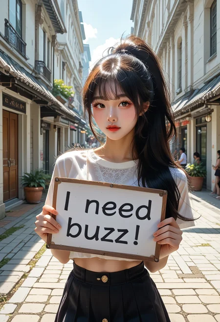 (need_buzz, holding sign), score_9, score_8_up, score_7_up, score_6_up, BREAK 20 years old, ulzzang, masterpiece, masterpiece, ultra-HD, (close up girl), high detail, masterpiece, best quality, usnr,very aesthetic,8k, sexy pose, long black hair, ponytail, asian girl, pretty girl, korean girl, ((slim body)), cute skirt, cute shirt
