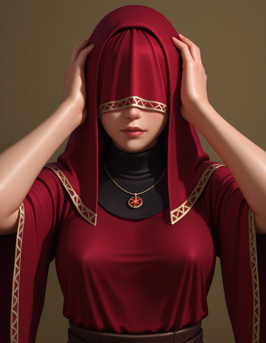Masterpiece, high-res, 2k, best quality, 2.5d, realistic, 1 girl, visas marr , covered eyes <lora:Visas_marr_illus-000040:1> Hands on her head lifted up