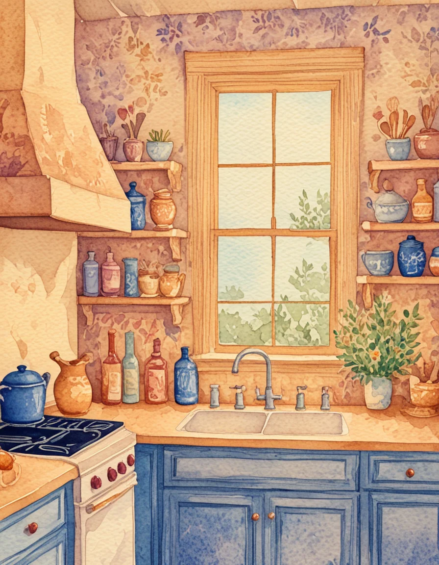 novuschroma75 style watercolor a kitchen <lora:novuschroma75 style:1>, <lora:sdxl_lightning_8step_lora:1>