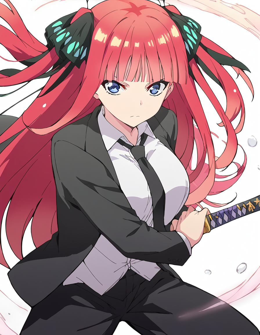 score_9, score_8_up, score_7_up, source_anime, <lora:nnakano-s2-ponyxl-lora-nochekaiser:1>, long hair, bangs, blue eyes, hair ornament, hair ribbon, pink hair, blunt bangs, two side up, butterfly hair ornament, large breasts, anime screencap, <lora:battoujutsu-stance-ponyxl-lora-nochekaiser:1>, battoujutsu stance, looking at viewer, holding, weapon, sword, holding weapon, holding sword, standing, katana, sheath, sheathed, fighting stance, ready to draw, shirt, long sleeves, jacket, white shirt, necktie, collared shirt, pants, black jacket, floating hair, black pants, formal, suit, black necktie, black suit, pant suit,,