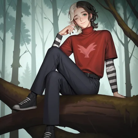 ((Forest background)), score_9, score_8_up, score_7_up, score_6_up, 1male, watergreen eyes, two tone hair, half-white-half-brown hair, wolfcut-styled hair, small pointed nose, Grey-colored crucifix earrings, pale skin, shoulder-length hair, layered hair, wolf cut, two-tone hair, red short-sleeved turtleneck, black and white striped long-sleeves, navy trousers, black belt, layered sleeves, layered sleeves, cross earrings, two-tone hair, pink angel silhouette on shirt, layered hair, perfect hands, detailed eyes, perfect eyes, black very short nails, realism, hd, beautiful, cinematic, smile, warm colors, solo, wink, closed mouth, sitting on a tree, crossed legs