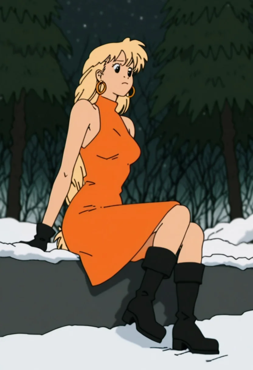 score_9, score_8_up, score_7_up, score_6 
woman, tiffany, kangoo,detailed eyes, detailed face, (retro artstyle, 1990s \(style\), flat color, toon \(style\)),1girl, female, dress, solo, female,black eyes, breasts, outdoors, red dress, snow, tree, signature, medium breasts, sleeveless dress, boots, black footwear, sleeveless, orange dress, closed mouth, bare shoulders, full body, body, alternate hair length, long hair, alternate hairstyle, arm support, gloves, sitting,blonde hair