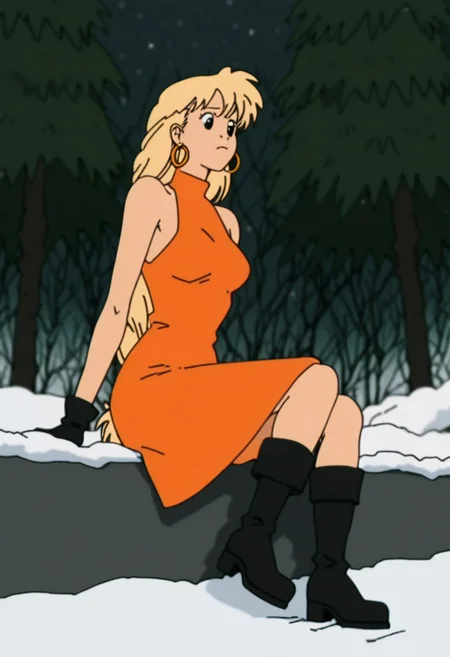 score_9, score_8_up, score_7_up, score_6
woman, tiffany, kangoo,detailed eyes, detailed face, (retro artstyle, 1990s \(style\), flat color, toon \(style\)),1girl, female, dress, solo, female,black eyes, breasts, outdoors, red dress, snow, tree, signature, medium breasts, sleeveless dress, boots, black footwear, sleeveless, orange dress, closed mouth, bare shoulders, full body, body, alternate hair length, long hair, alternate hairstyle, arm support, gloves, sitting,blonde hair