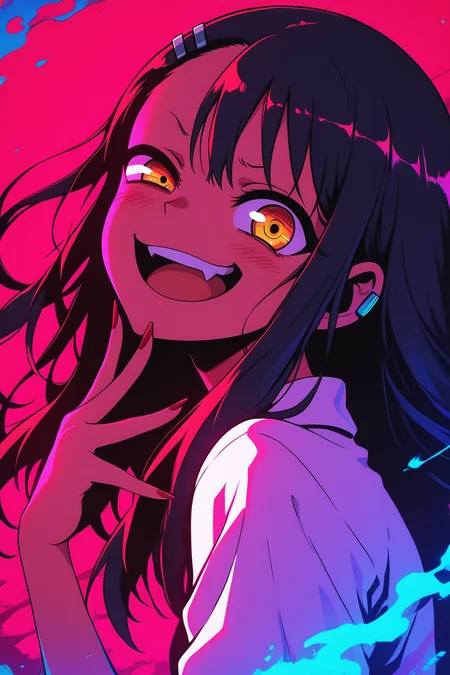 masterpiece, best quality, amazing quality, very aesthetic, absurdres, newest,  portrait, colorful, high contrast, glowing, vibrant colors, red, pink, blue, color splash, neon, backlight, looking at viewer, uneven eyes, red nails, upper teeth, long pointed nails, smug, smile, fang, from side, wind effect, floating hair, head tilt, <lora:g0thicILL:0.7> g0thic, neon, <lora:NagatoroIXL_v2:0.5> zzNagatoro,  white shirt, hairclip, earclip, <lora:NLSTN-IL:0.8> nlstn