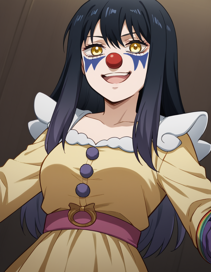 score_9, score_8_up, score_7_up, source_anime, <lora:miko-yotsuya-s1-ponyxl-lora-nochekaiser:1>, miko yotsuya, long hair, bangs, black hair, hair between eyes, yellow eyes, medium breasts,, <lora:clown-ponyxl-lora-nochekaiser:1>, clown, makeup, clown nose, facepaint, gloves, long sleeves, frills, dress,, smile, open mouth, smug, , dutch angle, cowboy shot