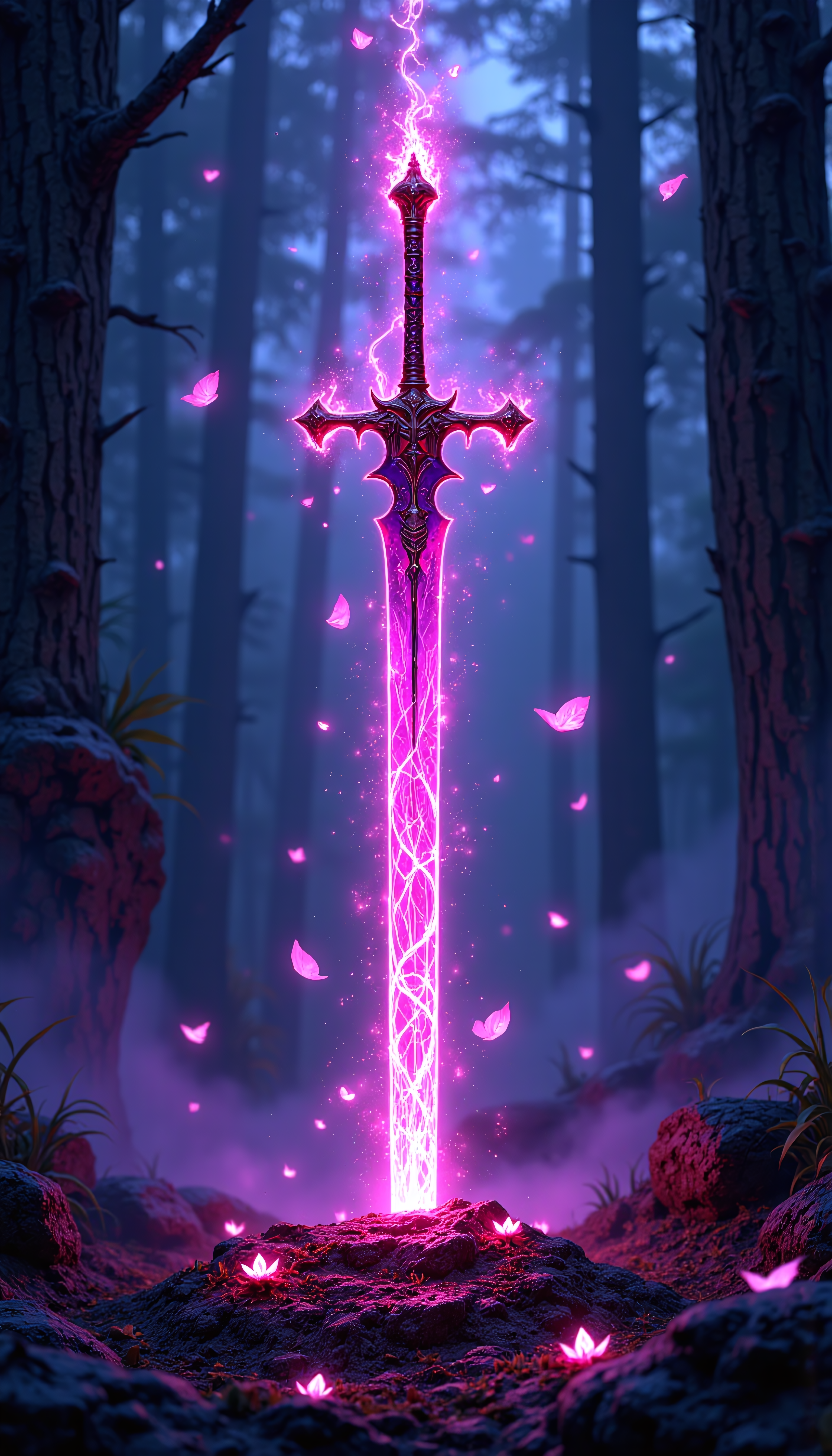digital illustration of n ethereal sword with a glowing pink and violet aura, planted into the ground in an enchanted forest. The sword has intricate engravings running along the blade and hilt, radiating with magical energy. Swirling pink petals and glowing particles float around the sword, illuminating the forest. Soft mist surrounds the scene, with the forest trees casting dark shadows as the sword glows brightly, creating a mystical atmosphere. digital art, high fantasy, realistic lighting and textures, pink and violet glow, dark shadows, (masterpiece, best quality, ultra detailed:1.3), detailed Illustration, official artwork, wallpaper, official art