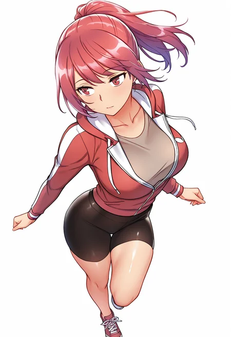 Smooth Quality,masterpiece,very intricate, high quality details, ultra realistic, high detailed skin,detailed enviorement,absurdres,
simple background, white background, dancing,skindentation, solo,dynamic angle,ohikaenasutte,
 <lora:Hanna_Yoo_CNR:0.8> hanna_cnr, 1girl, red hair, ponytail, long hair, red eyes, large breasts, hanna_def_cnr, collarbone,track jacket, hoodie, shirt, bike shorts,red sneakers,, afterglow,, 0 0,