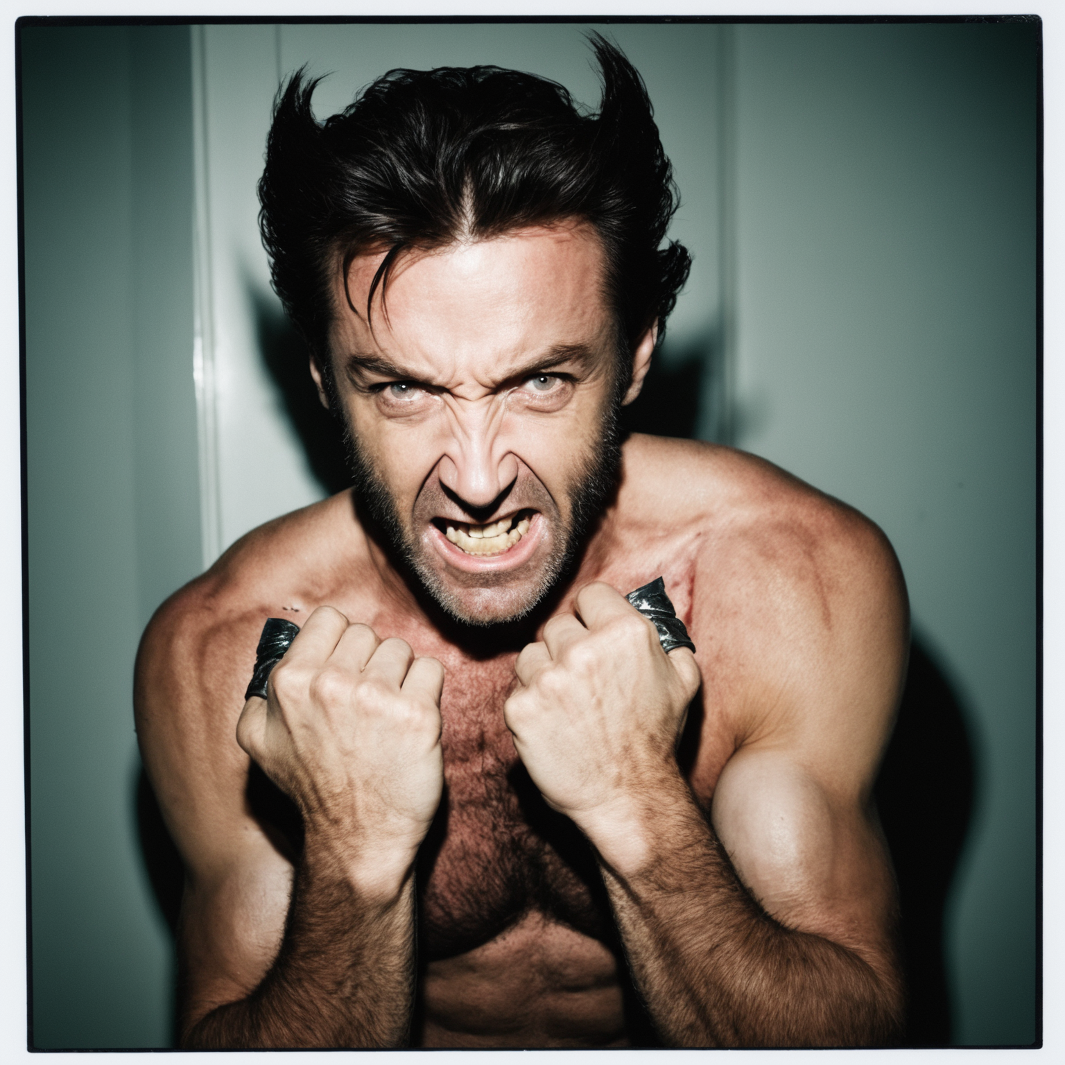 polaroid photo a tormented  man As Logan from Wolverine, bearing scars of countless battles, his ada mantium claws ready to defend the innocent., Hair wild and unkempt, a testament to his turbulent past and enduring spirit. . flash photography, light bleed, scratches, Terry Richardson style