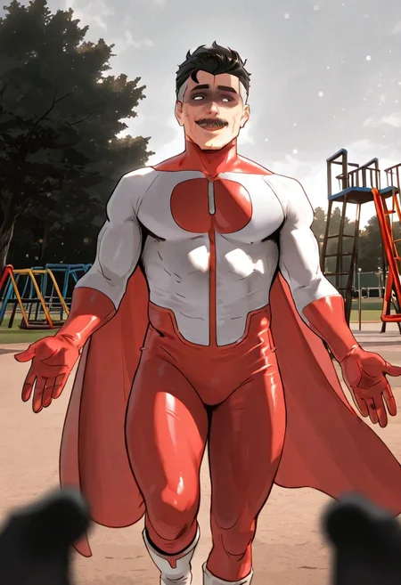 masterpiece, newest,absurdres,incredibly absurdres, best quality, amazing quality, very aesthetic,
, depth of field, blurry foreground, bokeh,park, playground, palmeras, solo, 1 ,male, muscle male,
Omnimman,skintight suit, red O shaped chest emblem,red gloves, red colored suit's lower part, red cape, white boots,moustache, old man, gray hair, Nolan grayson, black hair on top,Multi colored hair,
,flying, extended hands, happy, smile, cute,
re4lity_sync_illu,shaded face, (black face:1.2),