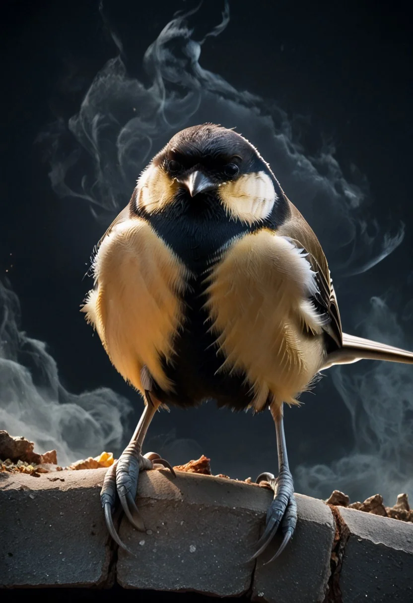 score_9, score_8_up, score_7_up, score_6_up, score_5_up, score_4_up, rating_safe,source_photorealistic,upper body,1bird,a gaint tit rampaging throughout a burning city
