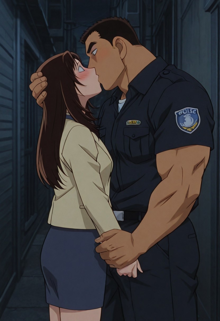 Anime, quality,high quality,masterpiece,extremely detailed,correct anatomy,best aesthetic, detailed face, (EyesHD), (duo), outdoor, narrow city alley, dark, at night, (1man, man taller male, man large pectorals, man muscular body, man crew cut, solid pupils:1.5, man black short hair, Date Wataru, man dark navy police uniform, man dark navy police shirt, dark navy pants, man blush, man kissing, man tanned skin, man hand on girl head), BREAK, (1girl, nastumi01, girl long hair, girl brown hair, girl light yellow jacket, girl blue pencil skirt, girl blue dress, girl blush, girl shy face, girl pretty face, girl slender body)